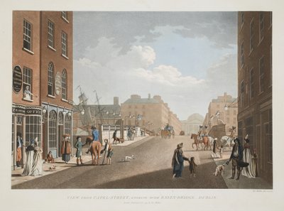 Veduta da Capel-Street, guardando oltre Essex-Bridge, Dublino, 1797 da James Malton